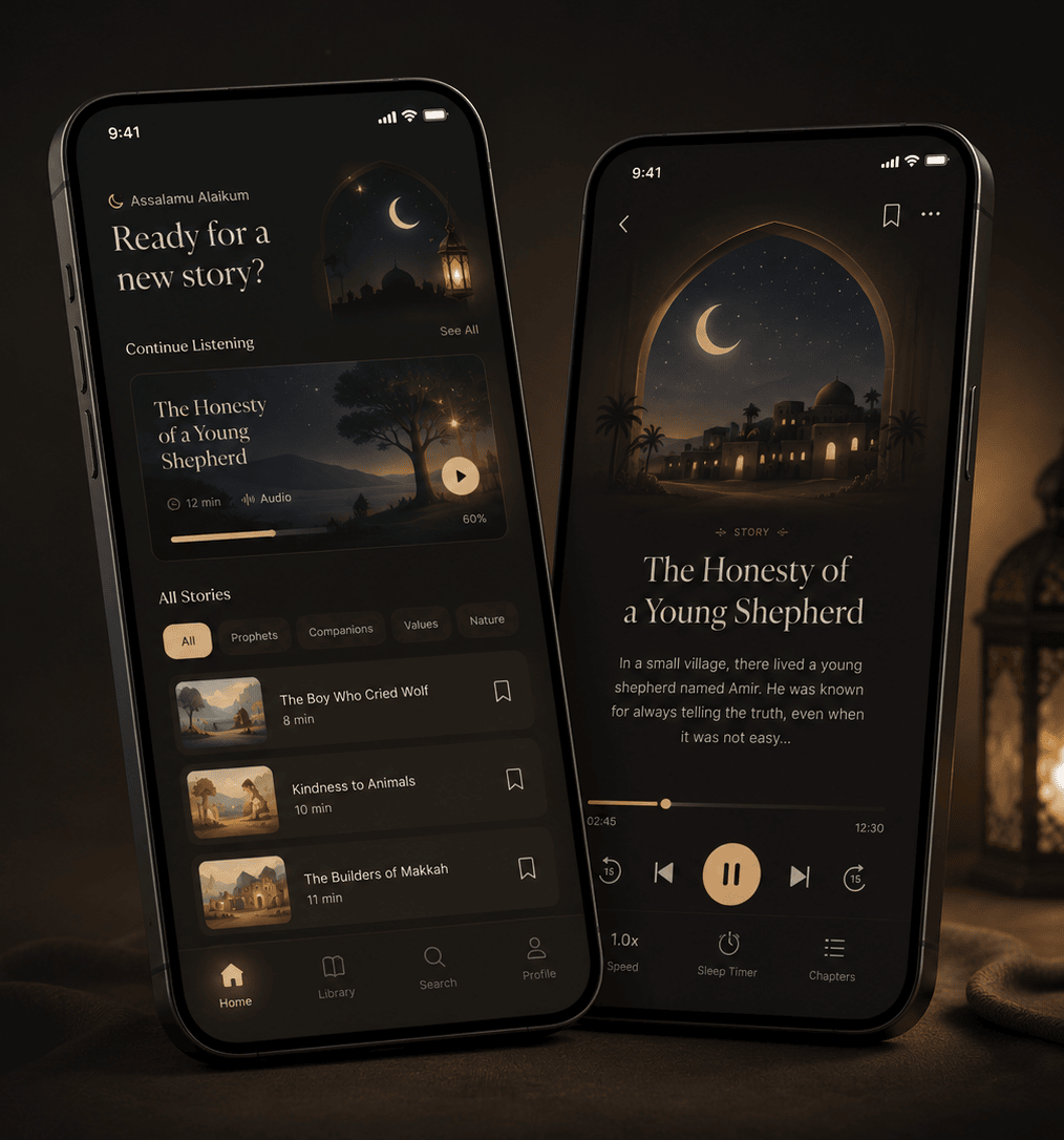Islamic Stories App — home feed and audio-player screens